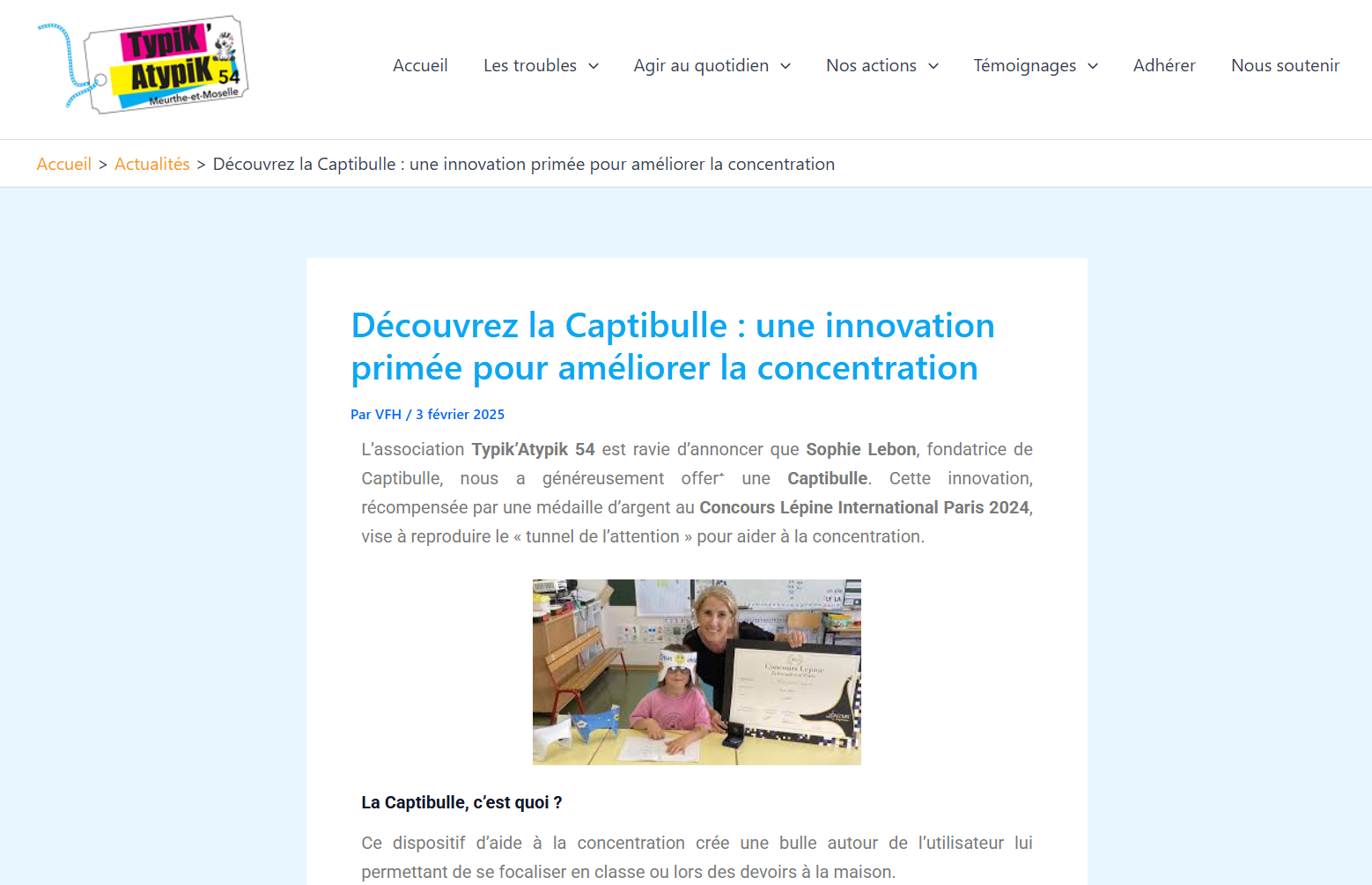 L’association Typik’Atypik 54 met en lumière la Captibulle une innovation primée pour améliorer la concentration