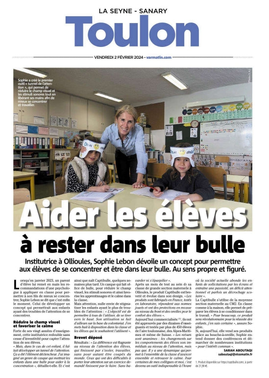 Var Matin 02 février 2024 Captibulle : solution pour la concentration à l’école